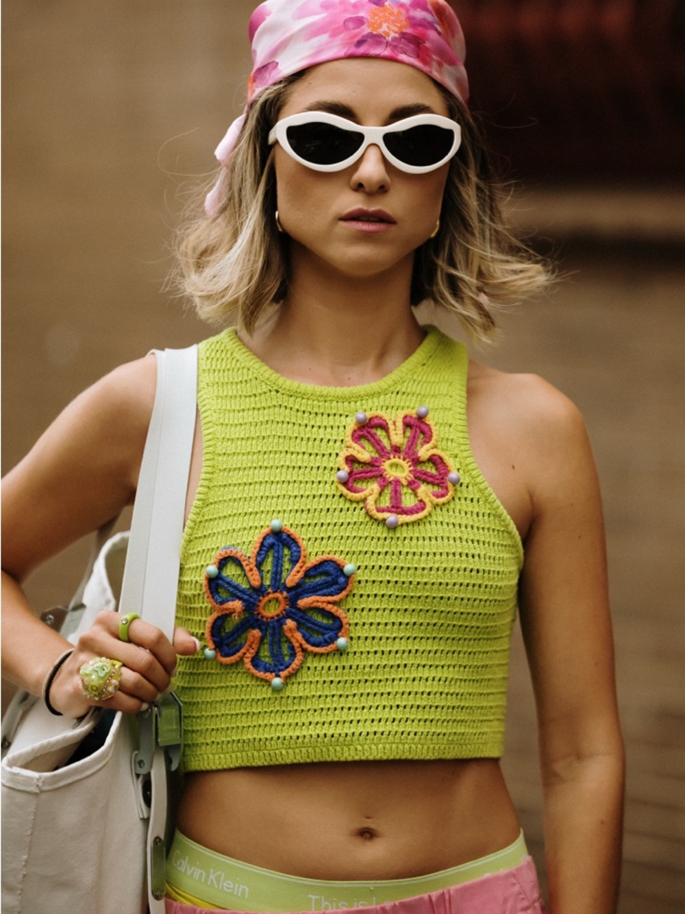 Zara Neon Green Crochet Crop Tank with Multicolor Flower Appliqués